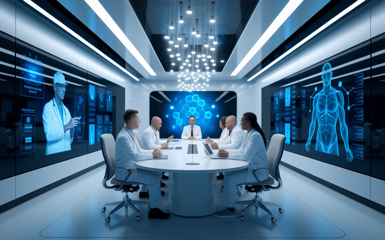 A futuristic healthcare scenario showcasing the collaboration between academic institutions and private practices. Visualize a high-tech conference room with physicians and researchers discussing innovative healthcare models using digital screens displaying patient outcomes and AI tools. The atmosphere feels collaborative and forward-thinking, with modern architecture and integrated technology enhancing the sense of progress in medicine.