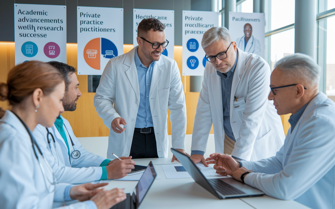 A harmonious scene illustrating a collaborative engagement between academic medical professionals and private practitioners. The setting features a modern healthcare facility with posters showcasing research advancements alongside private practice successes. Doctors are gathered around a table with laptops and digital tablets, brainstorming innovative healthcare solutions in a brightly lit, inviting atmosphere.