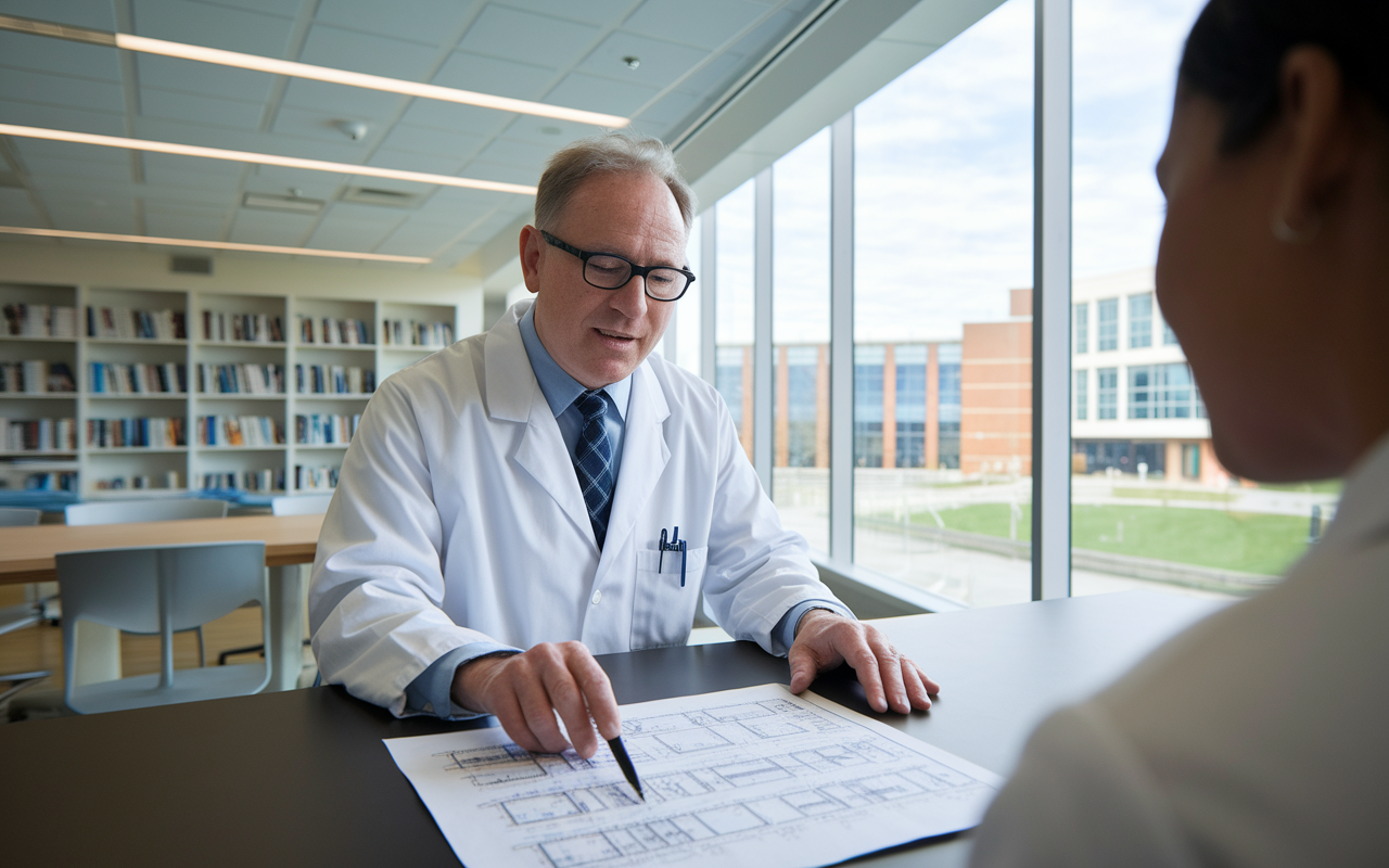 An academic mentorship scene set in a modern medical school environment. A senior professor, with glasses and a lab coat, is pointing at a complex research paper on the table while engaged in conversation with a junior faculty member. The background shows a bright, spacious conference room with medical books on shelves, a large window looking out onto a campus, and scientific posters on the walls.