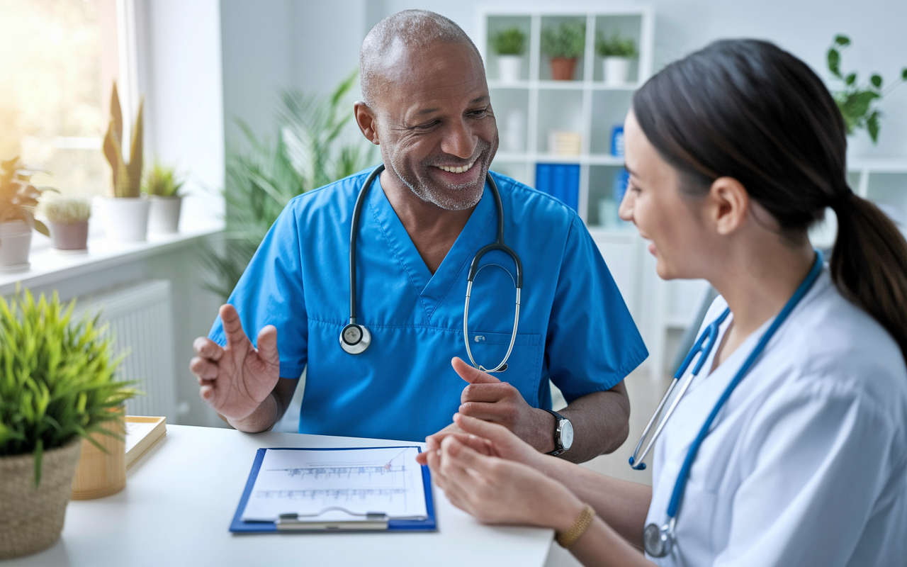 A vibrant clinic scene showing a mentor and a new physician in discussion. The mentor, an older practitioner with a warm smile, is explaining patient care techniques while looking at a medical chart on the desk. The clinic is filled with natural light, plants, and medical equipment, creating a welcoming environment that emphasizes patient care and interaction.