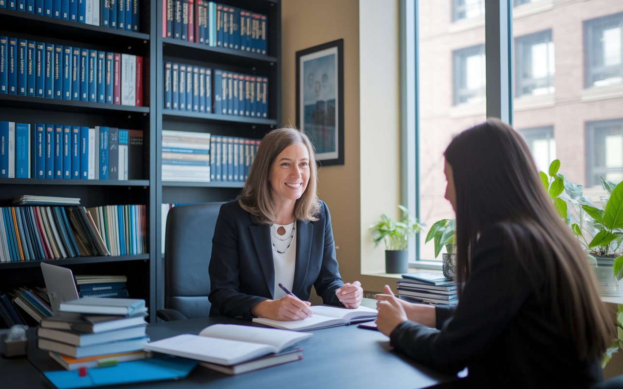 A portrait of Dr. Rebecca, a distinguished academic mentor in her office, engaged in a constructive meeting with a young faculty member. The office is lined with bookshelves filled with research journals, with a large window illuminating the space, highlighting the warmth and focus of the mentorship atmosphere.