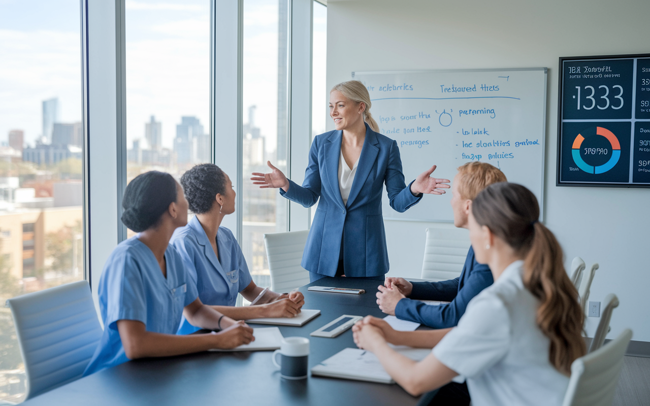 An empowered healthcare administrator in a modern hospital setting, wearing professional attire and engaged in a discussion with staff around a conference table. The room is bright with large windows showing views of the city, equipped with digital monitors displaying key performance metrics. A whiteboard with strategic planning notes in the background highlights the administrator's role in shaping hospital policies.