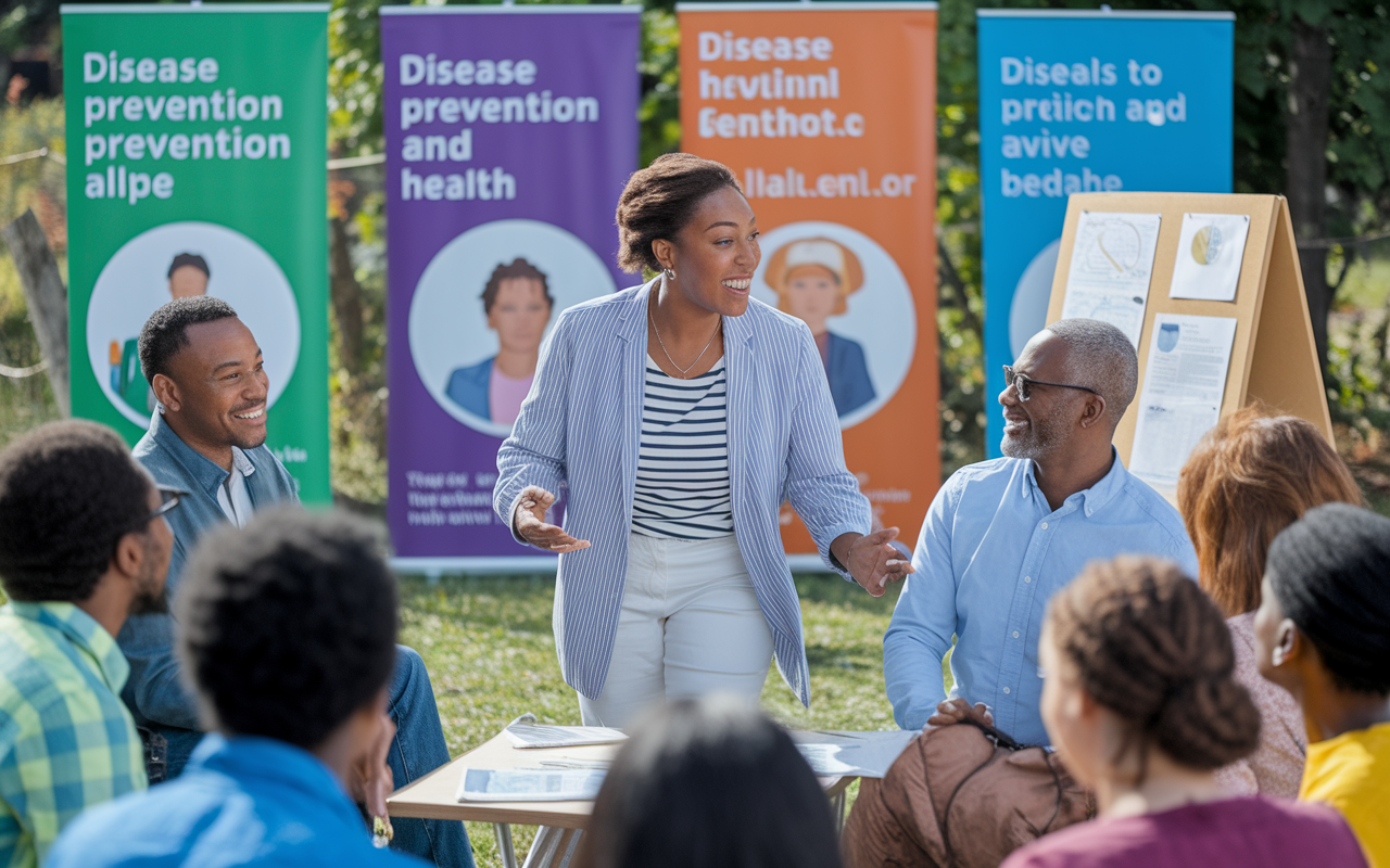 A passionate public health professional engaging with a diverse group of community members in an outdoor health workshop. The setting is vibrant and inclusive, with banners emphasizing disease prevention and health education. The professional, equipped with informational materials, is animatedly discussing health initiatives, supported by visuals and charts on portable boards. The crowd appears eager and attentive, embodying community involvement.