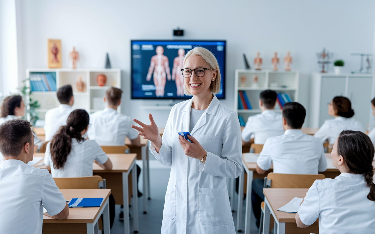 A dedicated medical educator standing in front of an engaged classroom filled with eager medical students, visually explaining complex anatomy on an interactive smart board. The classroom is bright and modern, filled with anatomical models and medical textbooks. The educator exudes enthusiasm and passion, fostering an inspiring learning environment.