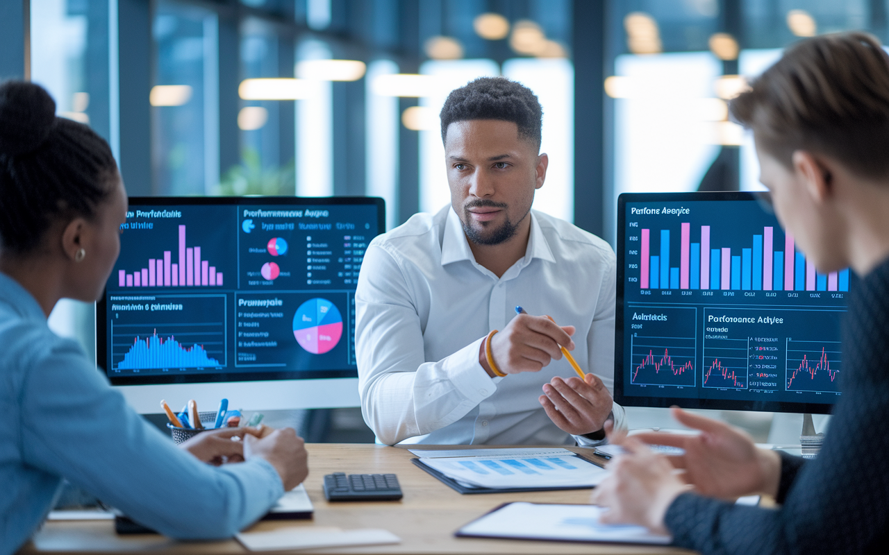 A healthcare consultant analyzing data with clients in a modern office setting, surrounded by charts and performance analytics on screens. The consultant provides strategic advice while engaging in deep discussions, conveying a sense of professionalism and insight. The environment reflects a collaborative and innovative workspace.