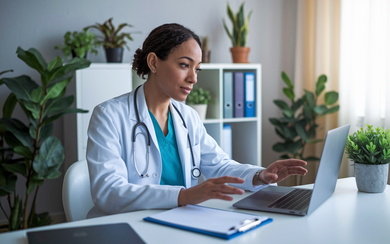 A telehealth physician, seated in a modern home office, conducting a virtual patient consultation through a laptop. The room is softly lit and filled with plants and medical books, exuding a welcoming atmosphere. The physician appears focused and personable, establishing a connection with the patient on the screen.