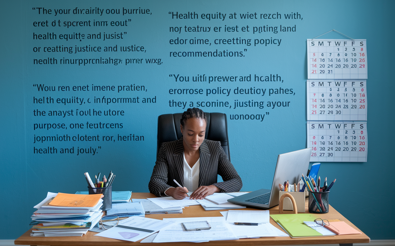 A health policy analyst sitting at a desk cluttered with research papers and government reports, deeply analyzing data and drafting policy recommendations. The workspace is filled with inspirational quotes about health equity and justice, creating a sense of purpose and urgency. A wall calendar marks significant health policy dates, symbolizing the analyst's commitment to advocacy.