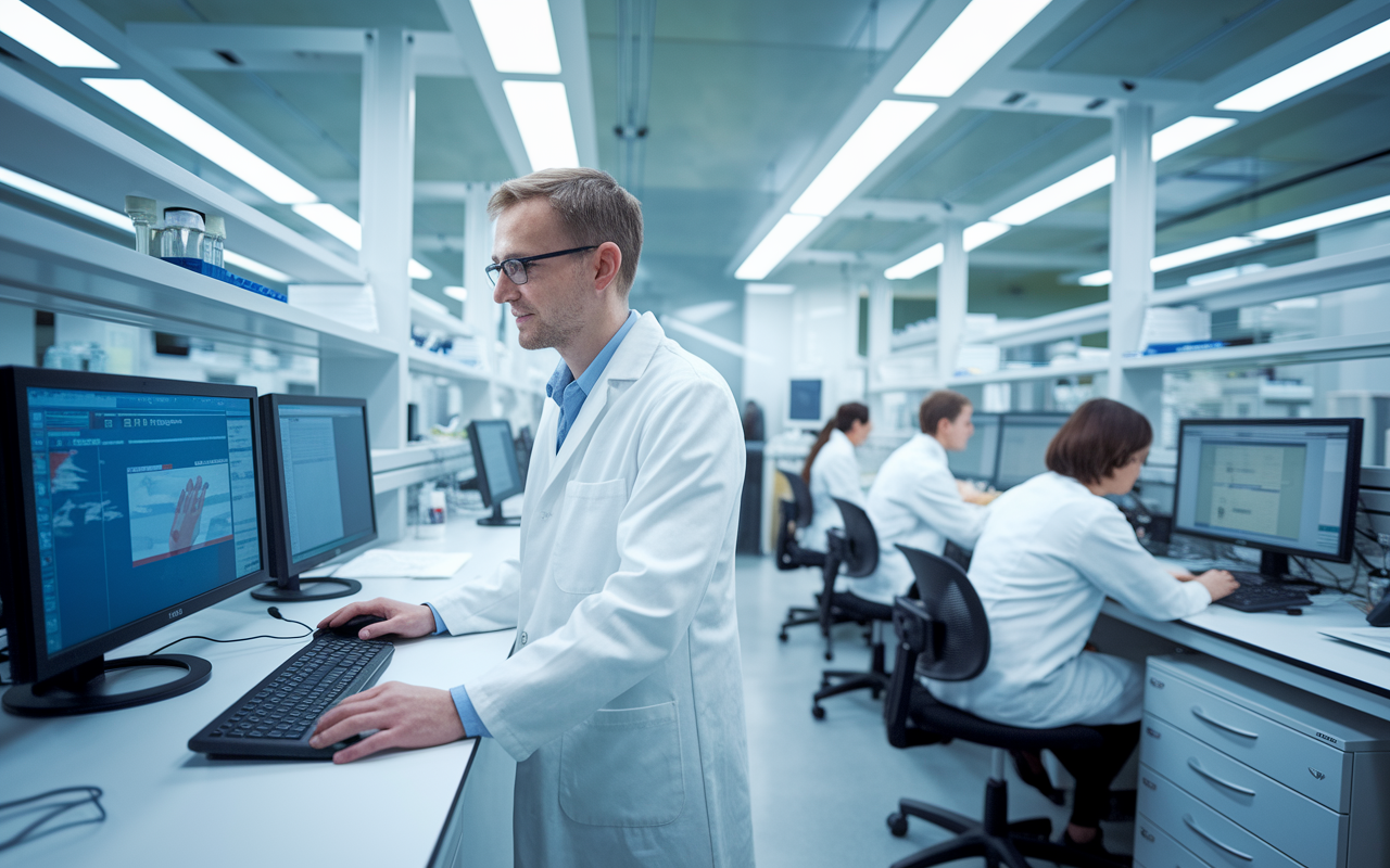 A clinical research physician overseeing a drug trial in a sleek laboratory setting, analyzing data on a monitor while engaging with research staff at workstations. The lab is high-tech with equipment for testing and monitoring, representing the innovative spirit of pharmaceutical development. The physician demonstrates leadership and expertise.