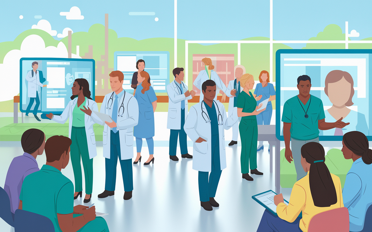 A hopeful and inspiring representation of the future of medicine, featuring a diverse group of physicians engaging in various non-traditional roles, symbolizing adaptability and innovation. In the foreground, a healthcare professional discusses strategies with community members, while in the background, a group conducts telehealth consultations and another develops educational programs. The scene is bright and optimistic, conveying a transformation in healthcare practices.