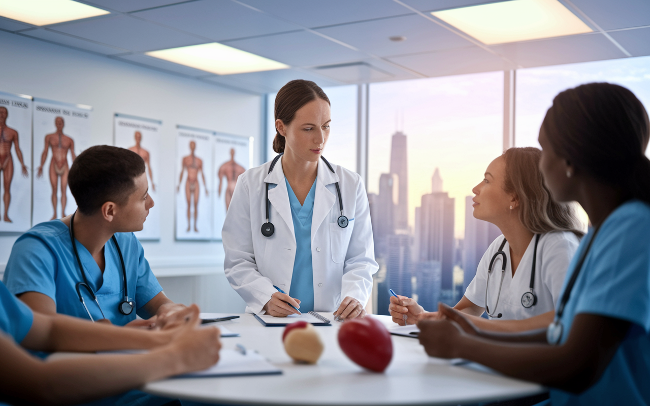 A focused female cardiologist in a white coat, engaged in a teaching session with medical residents in a modern hospital room filled with anatomical posters and heart models. Emphasizing active learning, the residents are listening intently, taking notes and asking questions. The room is bright with the soft glow of overhead lights and a large window offering a view of the city skyline, symbolizing connection to the larger medical community.