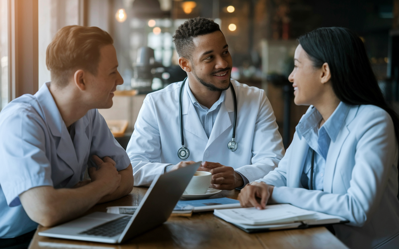 A serene but contemplative setting in a coffee shop, featuring a group of three diverse medical professionals (Caucasian, Black, and Hispanic) engaged in deep conversation over coffee, with laptops and medical books spread across the table. They express sincere interest and empathy while sharing their experiences and advice, the warm ambient light setting a hopeful tone for their future paths.