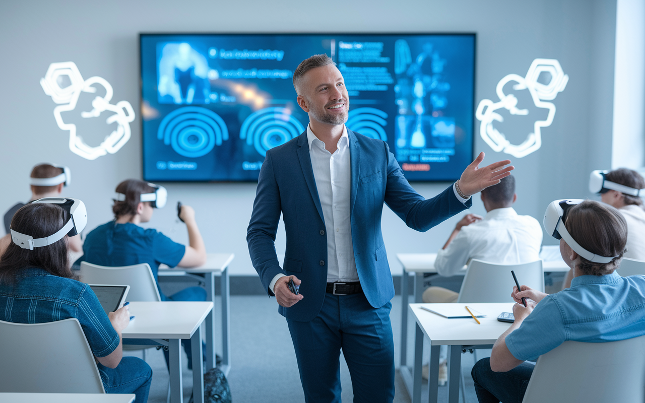 An academic practitioner in a smart casual outfit standing in front of a large interactive digital screen, dynamically presenting complex medical concepts to a diverse classroom of medical students. The classroom is outfitted with modern technology like virtual reality headsets and tablets, with students engaged and taking notes. Bright, inspiring lighting creates an upbeat atmosphere that highlights the future of medical education.