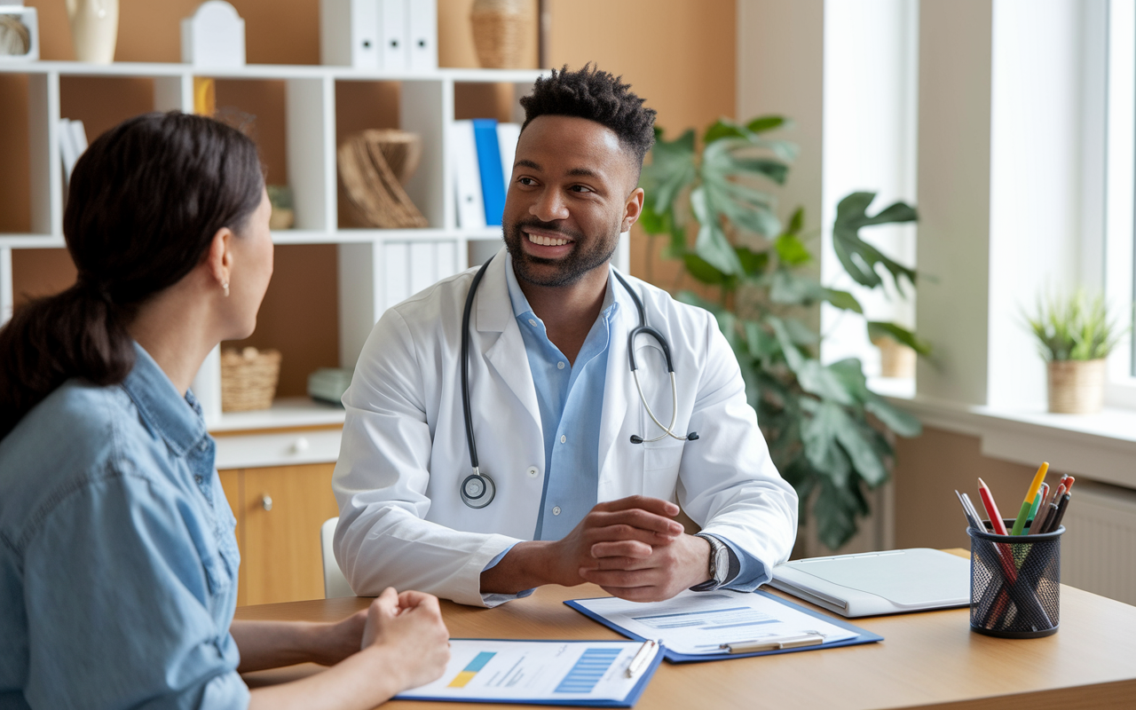 A compassionate private practitioner in a modern, welcoming medical office, interacting with a patient during a consultation. The office has warm colors, personal touches, and advanced medical devices on display, conveying a comforting atmosphere. Charts and documents are around them, illustrating long-term patient care, while the doctor listens intently, showing genuine empathy and dedication to their patient's health.