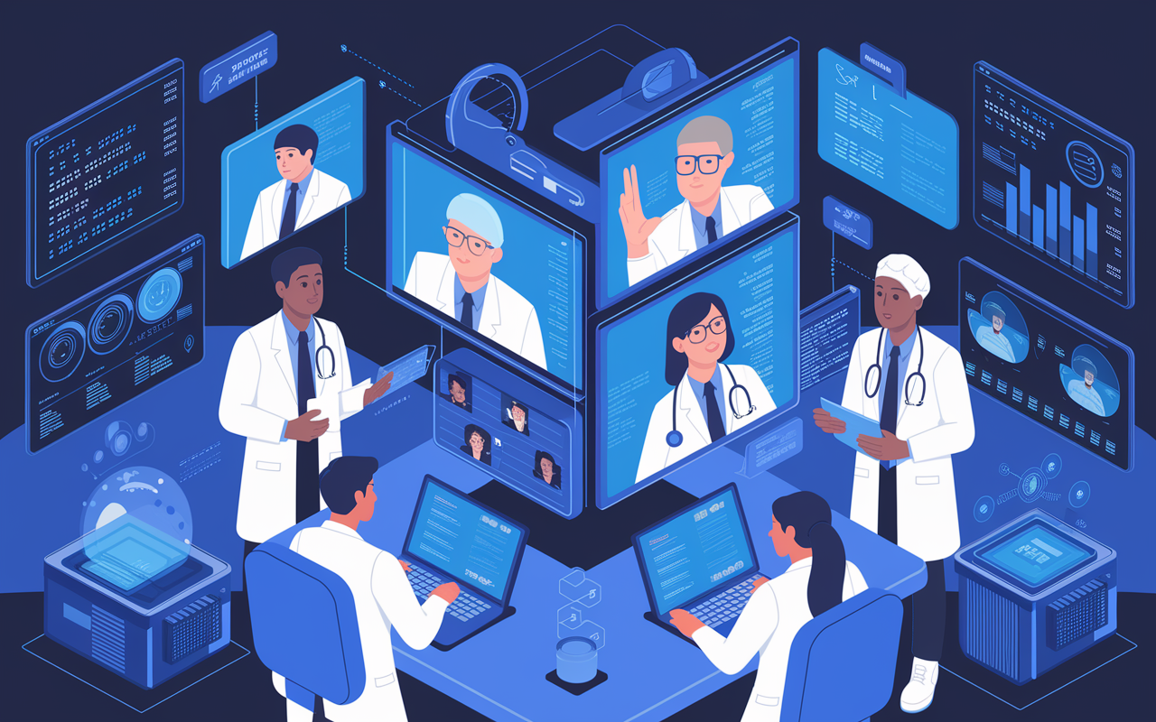 A vibrant, engaging scene highlighting the impact of telemedicine, featuring a diverse group of medical professionals collaborating via video conferencing platforms, surrounded by high-tech medical devices and digital interfaces displaying patient data and analytics in real-time. The atmosphere should be dynamic, illustrating innovation and the flexibility that telemedicine brings to both academic and private practices.