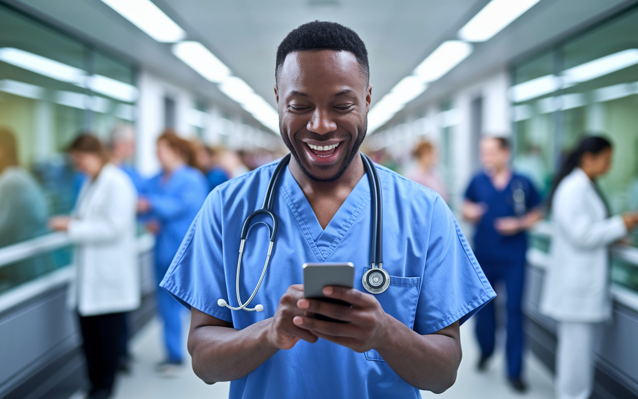 A jubilant physician in scrubs receiving a bonus notification on a smartphone while in a bustling hospital corridor. The background showcases busy healthcare professionals and patients, highlighting a vibrant and dynamic medical environment. The physician's expression is one of excitement and satisfaction, embodying the rewards of fulfilling performance metrics. Soft, fluorescent lighting frames the scene, adding to the hospital atmosphere.