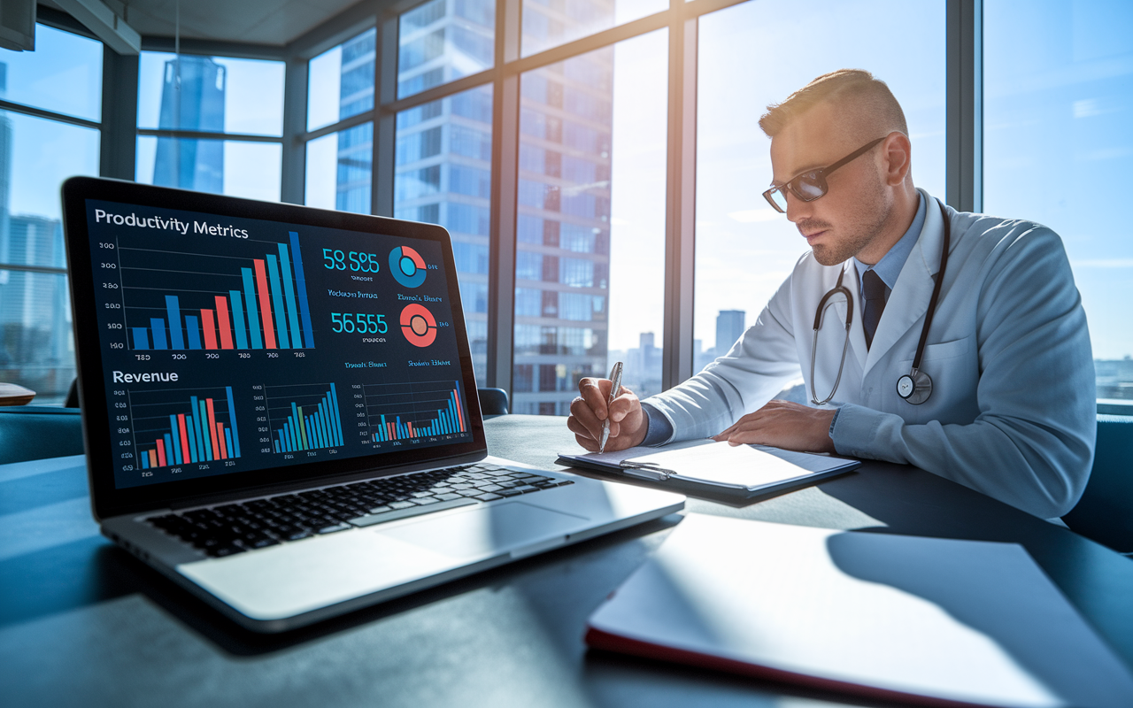 An analytical scene inside a modern office with a physician reviewing a detailed chart on a laptop that illustrates productivity metrics and revenue generation graphs. The office is sunny, with large windows revealing a view of a cityscape. The physician, appearing focused and thoughtful, is scribbling notes, symbolizing a strategic approach to measuring success and compensation. The atmosphere conveys aspiration and diligence.