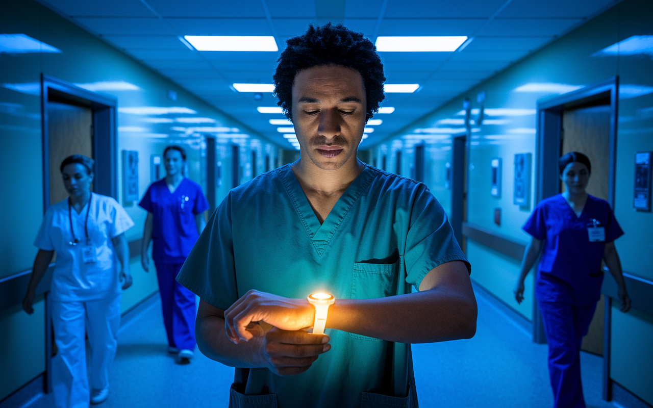 A physician in a hospital setting, wearing scrubs and looking at a glowing wristwatch, indicating they are on call during a late-night shift. The hospital hallway is dimly lit, with nurses and doctors passing by in the background, setting a scene of urgency and commitment. The physician's expression is attentive and alert, ready to respond to emergencies, capturing the essence of dedication in the medical profession.