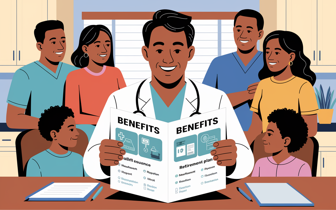 A cheerful physician reviewing a benefits packet with illustrations of healthcare benefits and retirement plans at a kitchen table, where a family is gathered around. The atmosphere is warm and inviting, reflecting a sense of security and support. The document contains details about health insurance, retirement contributions, and education stipends, symbolizing the importance of comprehensive benefits in a physician's career.