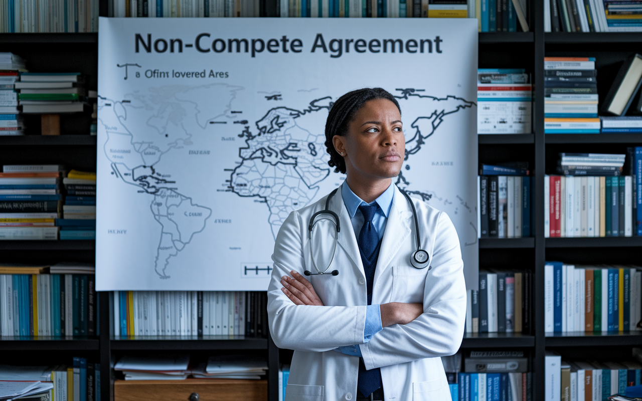 A thoughtful physician standing in front of a large map that highlights covered areas under a non-compete agreement. The setting is a cozy office filled with medical books and documents, creating a relaxed atmosphere for contemplation. The physician looks pensive, clearly weighing their future job options and career paths, signifying the importance of understanding contractual limitations.