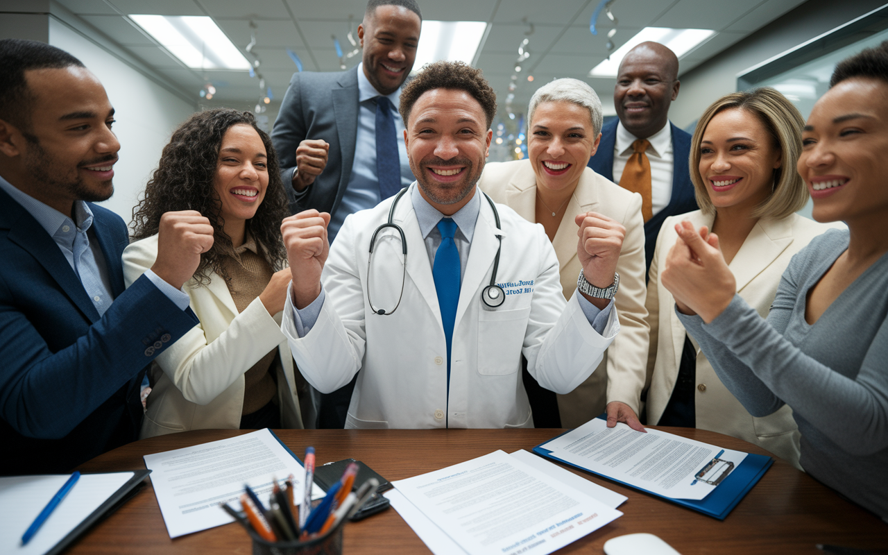 An accomplished physician celebrating in an office after successfully negotiating a contract, surrounded by colleagues in congratulatory poses. The room is filled with celebratory decor and documents reflecting the new contract. The atmosphere is one of joy and achievement, highlighting the success of informed negotiation and substantial gains in contract benefits and salary, embodying the spirit of professional accomplishment.