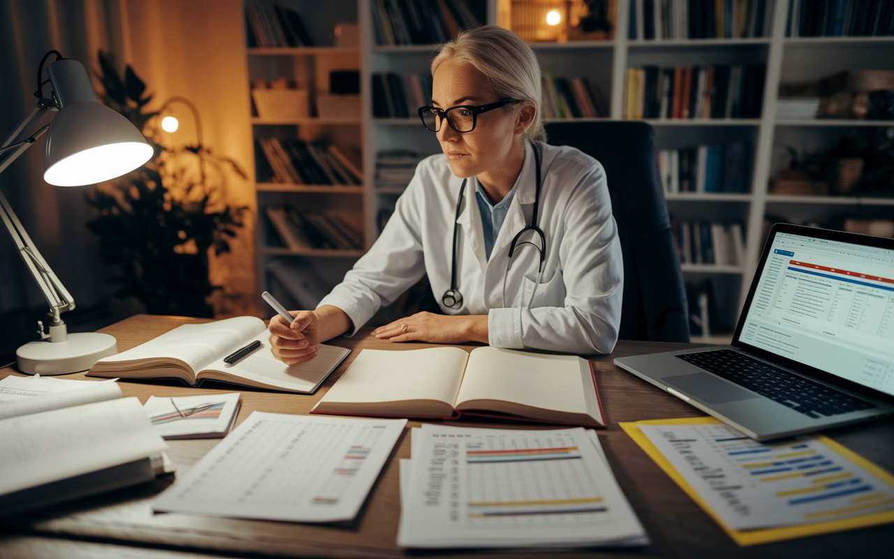 A focused physician sitting in a cozy, well-organized home office, surrounded by open books and a laptop displaying salary data from various resources. The room is warmly lit with a desk lamp, creating an atmosphere of study and preparation. There are notes and highlighted salary surveys scattered around, depicting the physician's dedication to thorough research for upcoming negotiations.