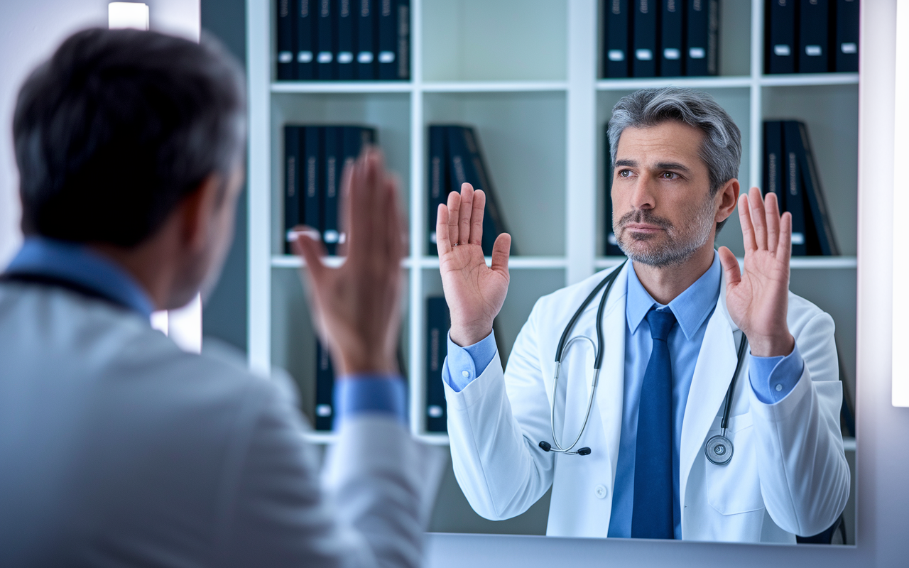 A physician practicing negotiation skills in front of a mirror, showcasing expressions of confidence and determination. The background features a neatly arranged office with books on negotiation strategies. The setting is well-lit, demonstrating preparation for an important meeting. The physician's posture and focused gaze convey readiness and professionalism.