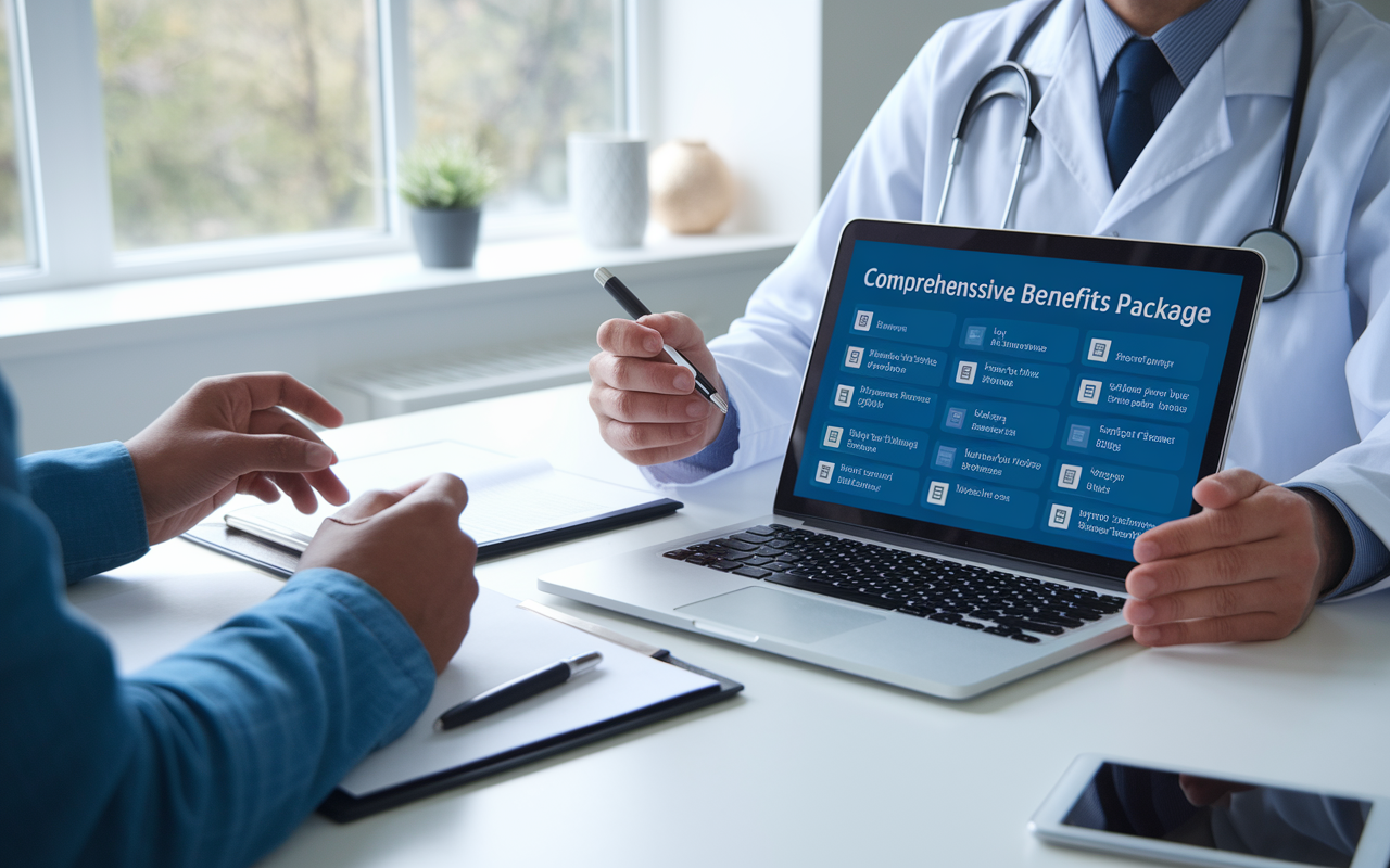 A negotiating table where the physician and an employer are reviewing a comprehensive benefits package on a laptop. The screen shows various data points about health insurance, retirement plans, and professional development opportunities. The room is bright and professional, emphasizing clear communication and a collaborative atmosphere as they work through the offer.