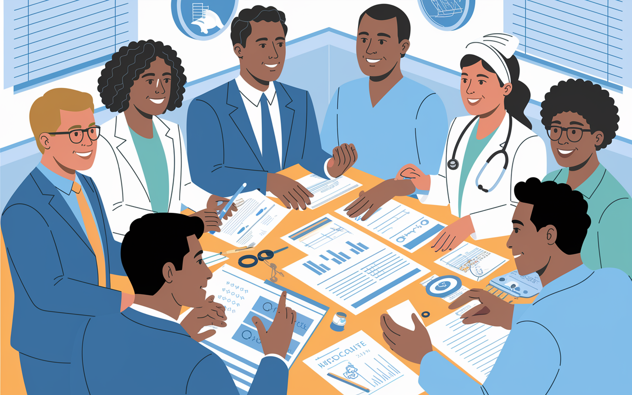 An illustration showing a diverse group of individuals from different professional backgrounds, including a teacher, a business person, a nurse, and an engineer, coming together in a medical setting. The individuals are engaged in collaboration, sharing ideas and discussing strategies, with medical charts and tools around them. The scene is bright and hopeful, symbolizing the blending of unique skills and experiences that contribute to the medical profession.