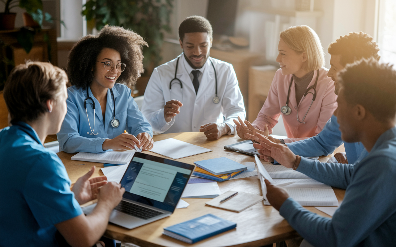 A scene in a cozy room where a group of diverse aspiring medical students is practicing personal statements and interview skills together. They are sitting around a table covered with medical books, laptops, and notes, actively engaging and providing feedback to each other. The atmosphere is collaborative and supportive, illuminated by soft, warm lighting.