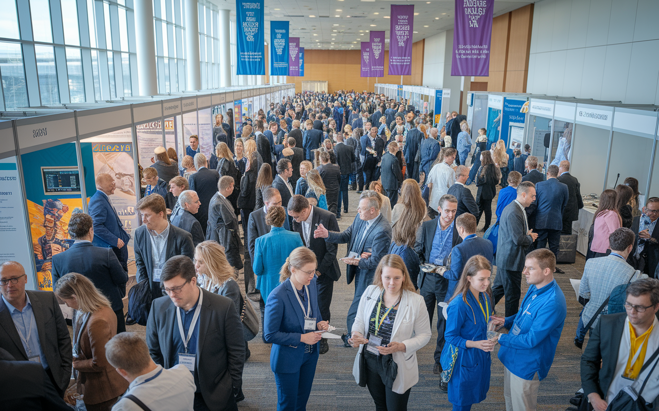 A vibrant scene from a bustling medical conference, where diverse healthcare professionals network and connect. Participants are engaged in conversations, exchanging ideas, and sharing experiences among displays of medical technology and educational materials. Bright banners and an atmosphere of enthusiasm capture the essence of professional growth and collaboration.