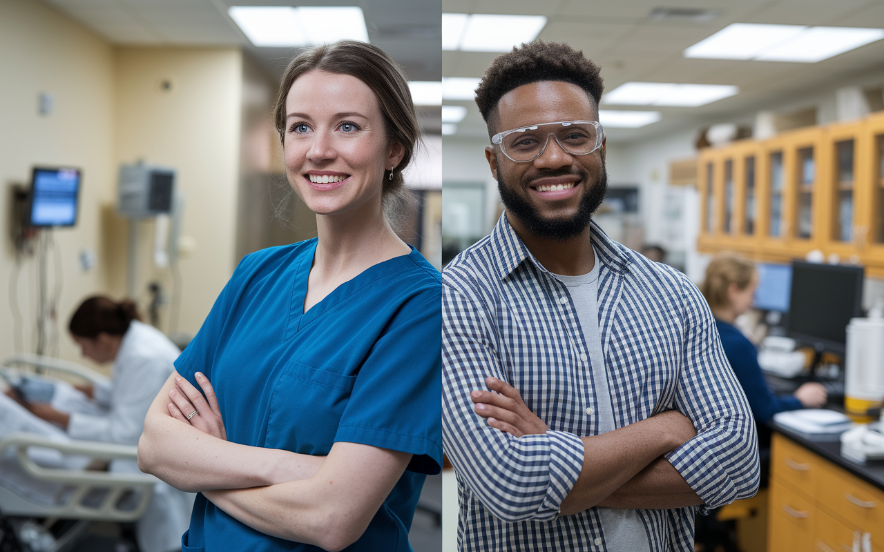 A split-screen scene showing two individuals, Jessica and James, each in their respective environments—one in a nursing setting caring for patients, the other in an engineering lab, designing medical technology. Each person is depicted with a look of determination and pride, symbolizing their successful transitions from their previous careers into the medical field, celebrating their unique journeys.