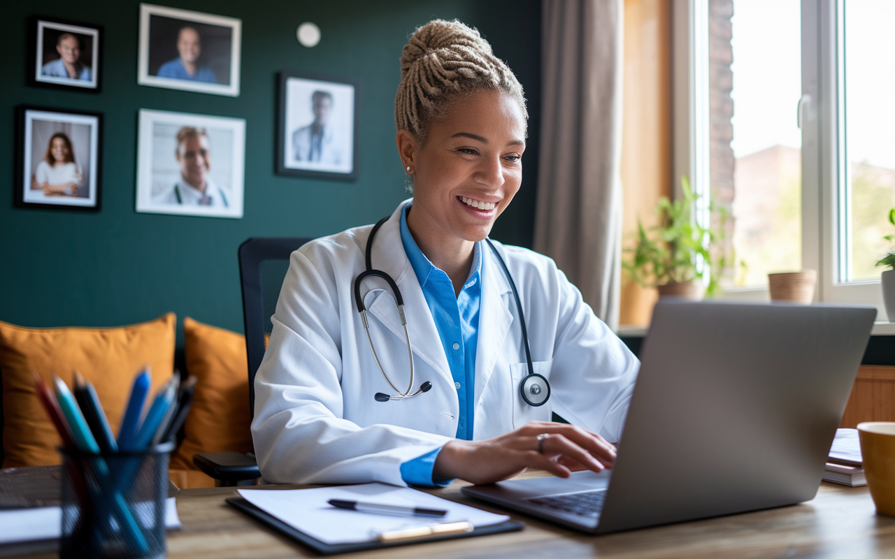 A cheerful physician working from a cozy home office, styled with warm colors and personal elements like family photos on the wall. The scene shows them comfortably seated with a laptop, engaged in a video consultation. Natural light pours in through a window, emphasizing the work-life balance and freedom enabled by flexible work arrangements.