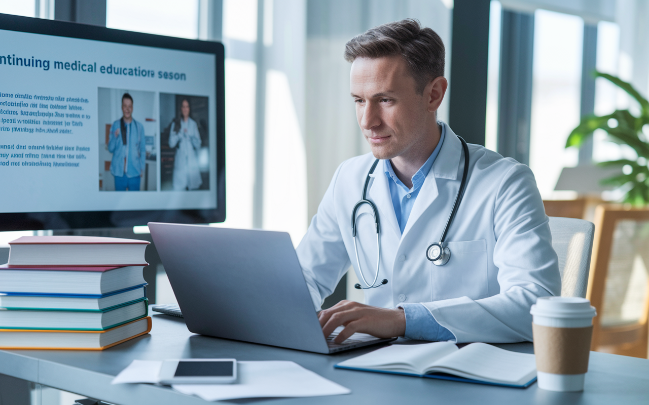 A focused physician attending a virtual continuing medical education session, with a sleek laptop setup in a stylish office. The screen shows informative slides about recent medical advancements, while a stack of medical textbooks and a coffee cup indicates a commitment to lifelong education. The atmosphere is bright and inviting, fostering a sense of determination and growth.