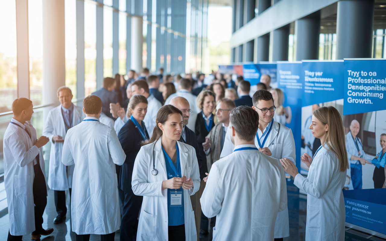 A gathering of physicians engaging in a professional networking event, in a modern conference center filled with natural light. The atmosphere is vibrant, with attendees exchanging ideas and learning about opportunities for growth. Banners and displays in the background showcase topics on professional development, contributing to a feeling of community and shared purpose.