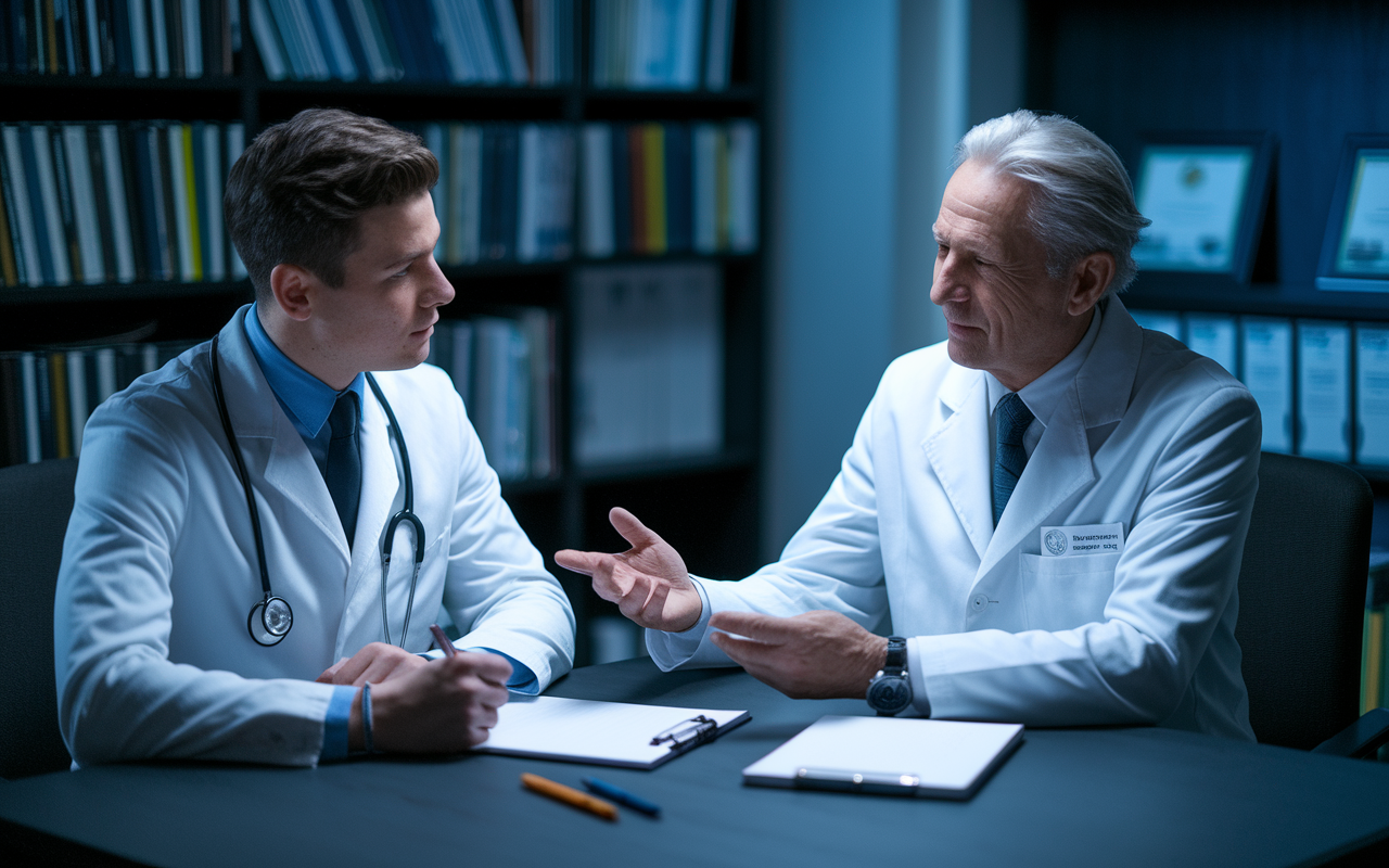 A young physician meeting with an experienced mentor in a tranquil office environment filled with medical books and diplomas. The mentor is sharing insights on contract negotiations, with an open notepad and pens on the table. The lighting is soft, creating an atmosphere of trust and knowledge sharing, highlighting the importance of mentorship in career decisions.