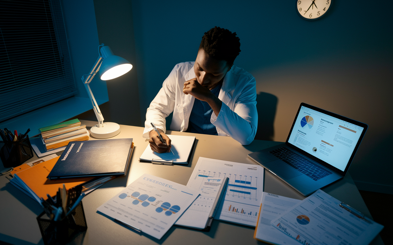 An office environment where a physician sits at a desk surrounded by various resources like medical journals, compensation reports, and a laptop displaying relevant data. The night light casts a warm glow over the scene, and the physician, wearing a lab coat, is deeply focused as they take notes on a pad. A wall clock shows it's late, symbolizing the dedication toward understanding their worth.