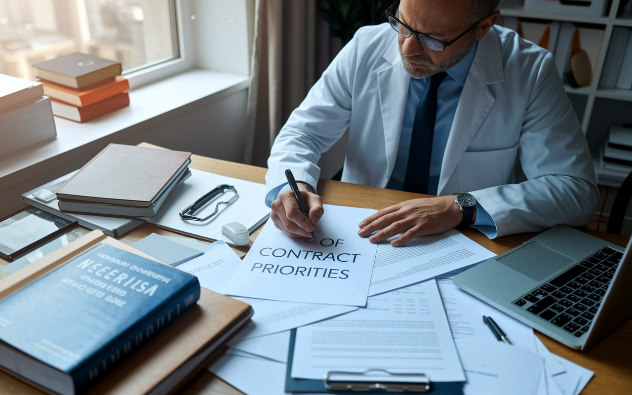 A serious, thoughtful physician surrounded by papers and a laptop, developing a list of contract priorities. The scene, illuminated by daylight coming through a window, depicts a mix of personal items and professional materials like books on negotiation tactics. The physician writes diligently, showing determination and focus on achieving the best contract.