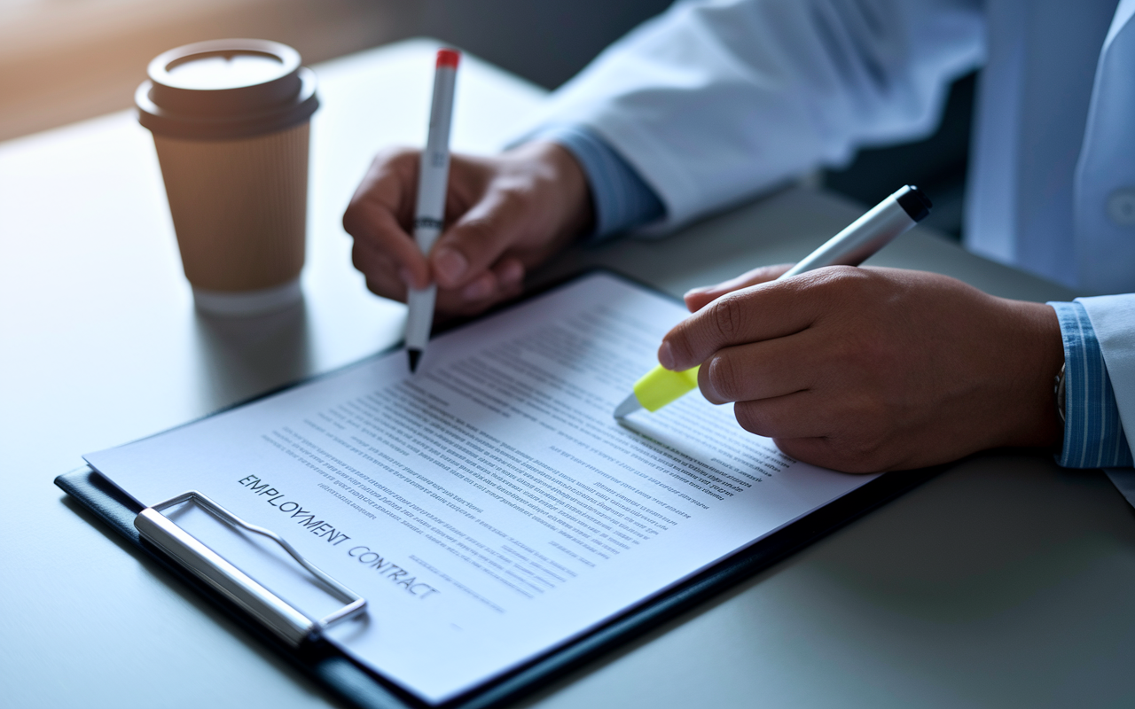 A close-up of a physician's hands reviewing a detailed employment contract on a sleek desk. With a notepad and highlighter in hand, the physician appears focused and contemplative. A coffee mug sits nearby, and soft ambient light creates an atmosphere of quiet concentration, emphasizing the gravity of the decision-making process.