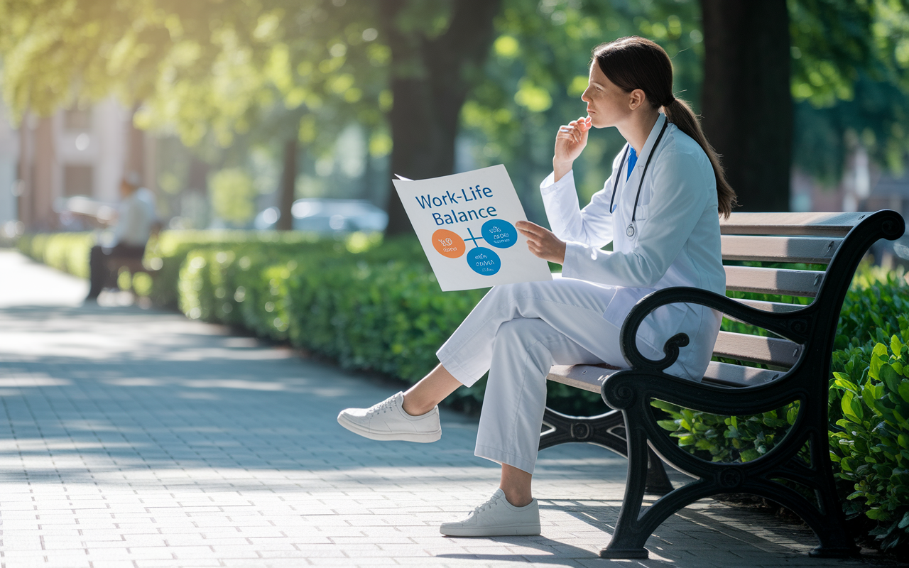 A physician looking thoughtfully at a work-life balance infographic while seated on a park bench, symbolizing a transition from a stressful workplace to a balanced lifestyle. The park's greenery and sunlight create a serene atmosphere, emphasizing the importance of reflecting on various components that influence their career satisfaction.