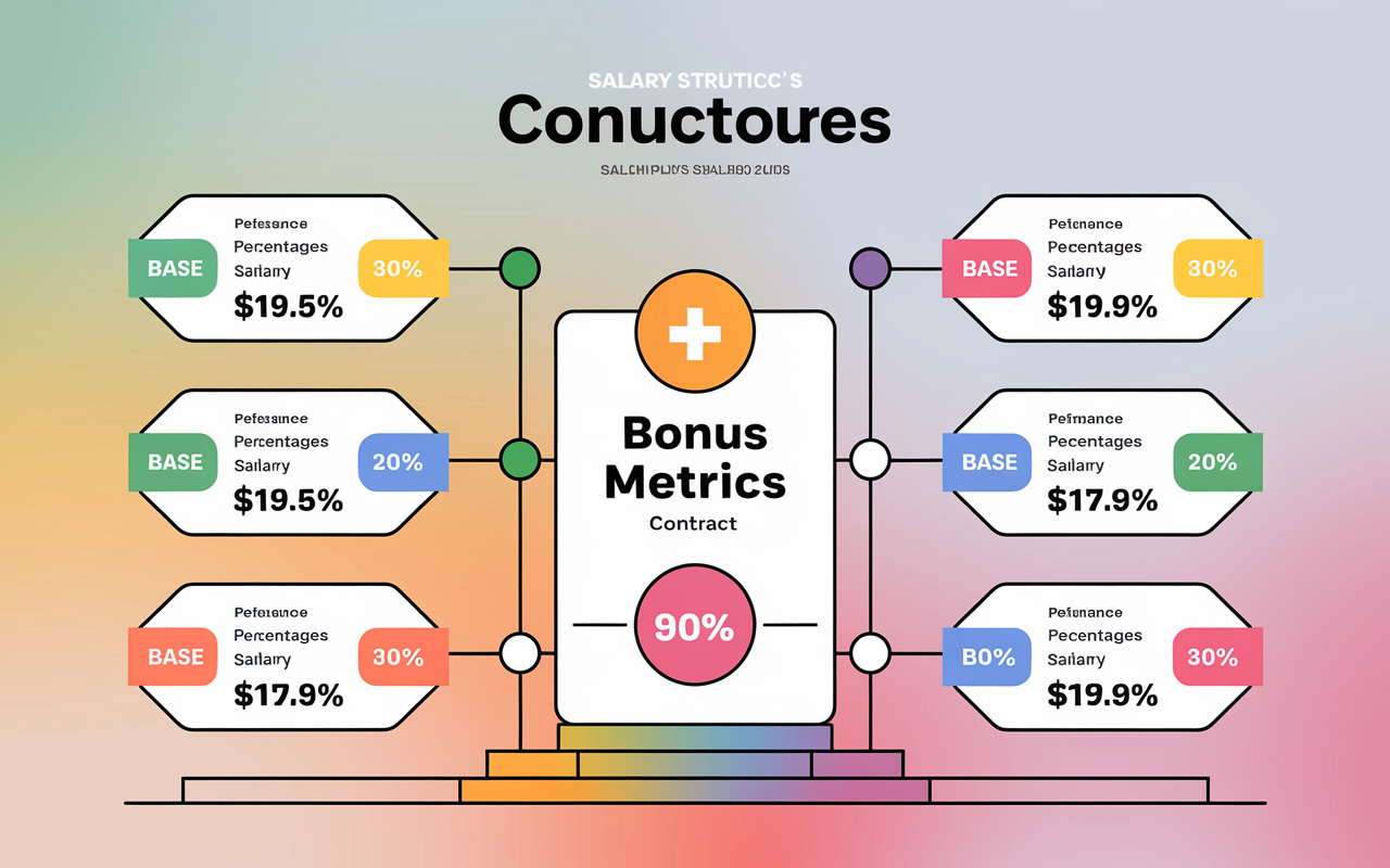 An infographic diagram illustrating salary structures and bonus metrics for a physician's contract. Elements include sections for base salary, bonus percentages, and performance indicators, all designed with clean lines and vibrant colors. The background is a soft gradient, giving it a professional and polished look, resembling a financial summary presentation that is easy to understand.