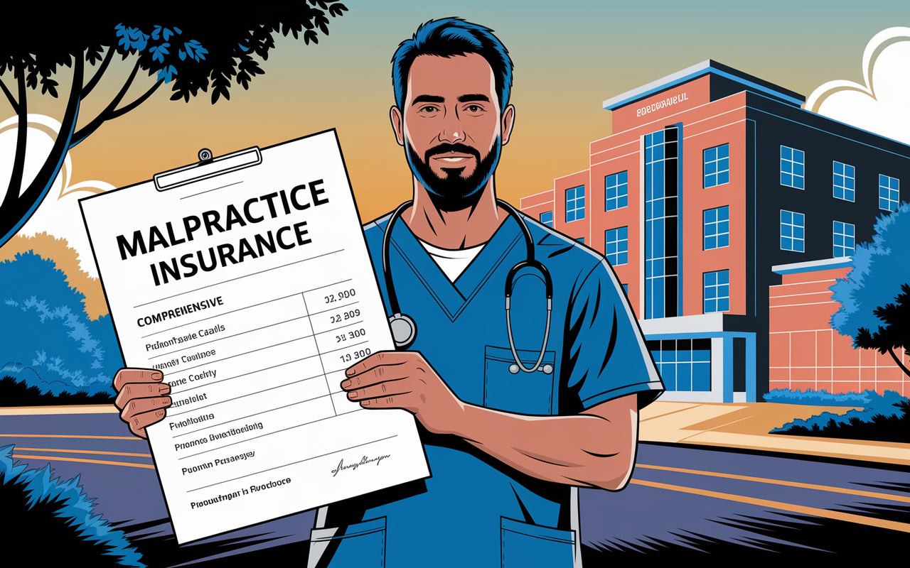 A detailed illustration showing a physician holding a malpractice insurance policy with comprehensive coverage details visible. The doctor, dressed in scrubs, stands confidently in front of a hospital, symbolizing security and protection. A warm atmosphere surrounds him, suggesting reassurance and confidence. The setting highlights the importance of being covered adequately in the medical profession.