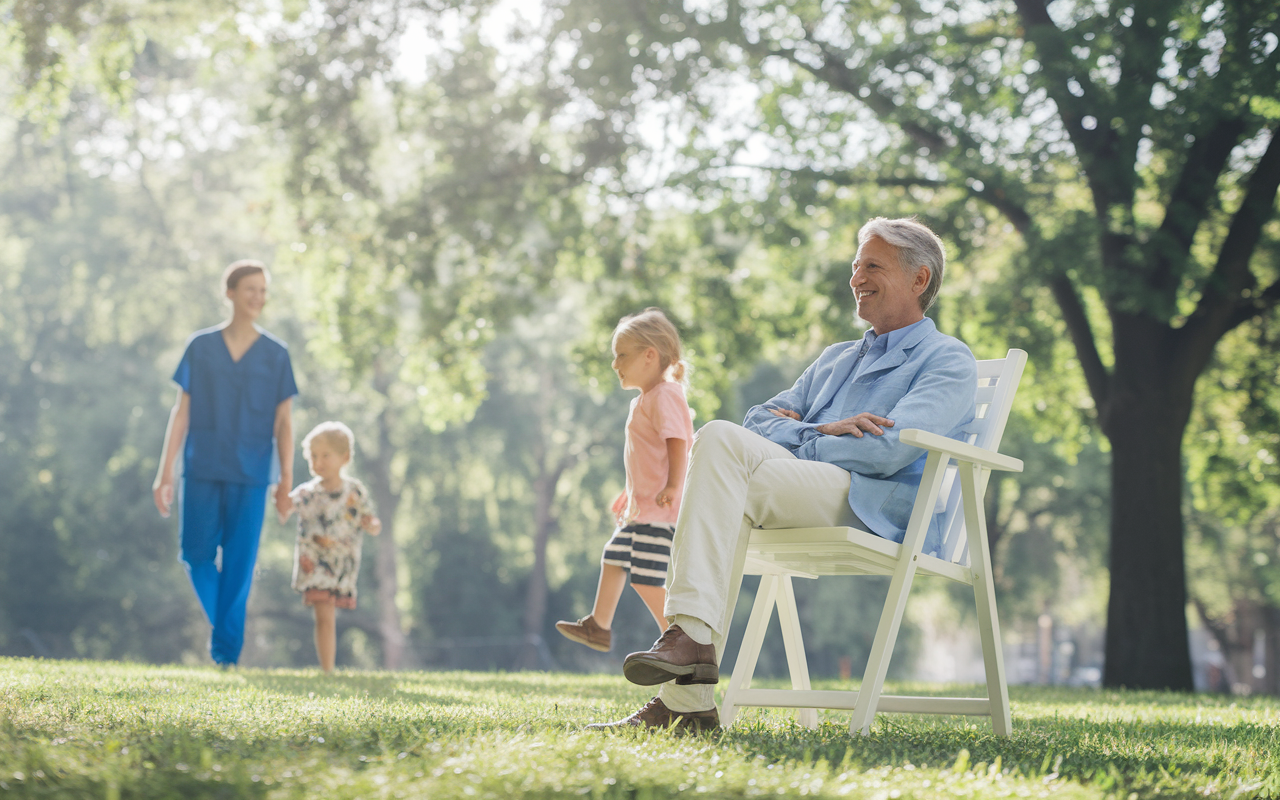 A serene scene depicting a physician enjoying leisure time outdoors, perhaps at a park, with family or friends. The physician is in casual attire, conveying relaxation and balance. The environment is bright and sunny, emphasizing joy and tranquility away from work responsibilities. This image symbolizes the importance of personal time for mental health in the medical profession.