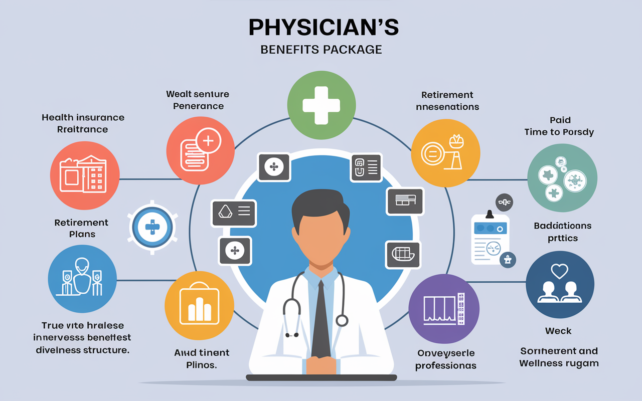 An infographic representation of a physician's benefits package, featuring icons for health insurance, retirement plans, and additional perks like paid time off and wellness programs. The design is vibrant and easy to read, conveying the overall value of a diverse benefits structure. Background elements are soft and professional, ensuring focus on the key details.