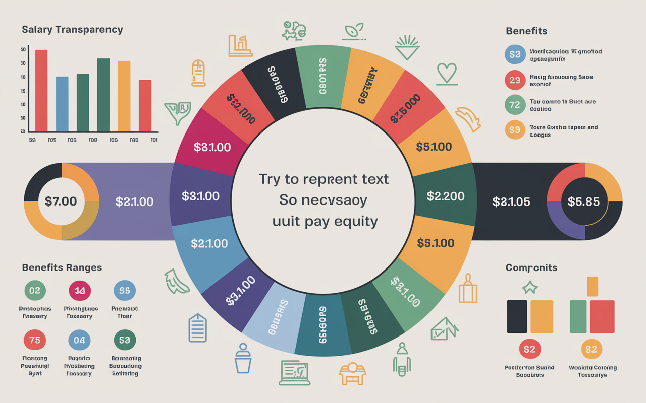 A visually engaging infographic displaying elements of salary transparency, including charts showing salary ranges, benefits comparison, and an empowering quote about pay equity. The design incorporates vibrant colors and clear icons to represent different salary components. An eye-catching, modern style with a professional aesthetic.