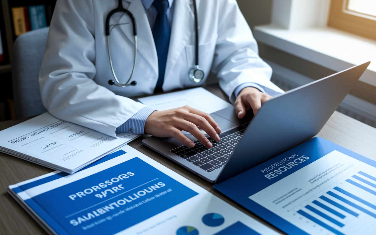 A physician at a desk, surrounded by medical organizations' brochures and reports, using a laptop to access a professional resources website. The screen displays salary statistics and graphs. A warm, focused atmosphere, with soft lighting that highlights the subject's intent expression, conveying a sense of commitment to their career.