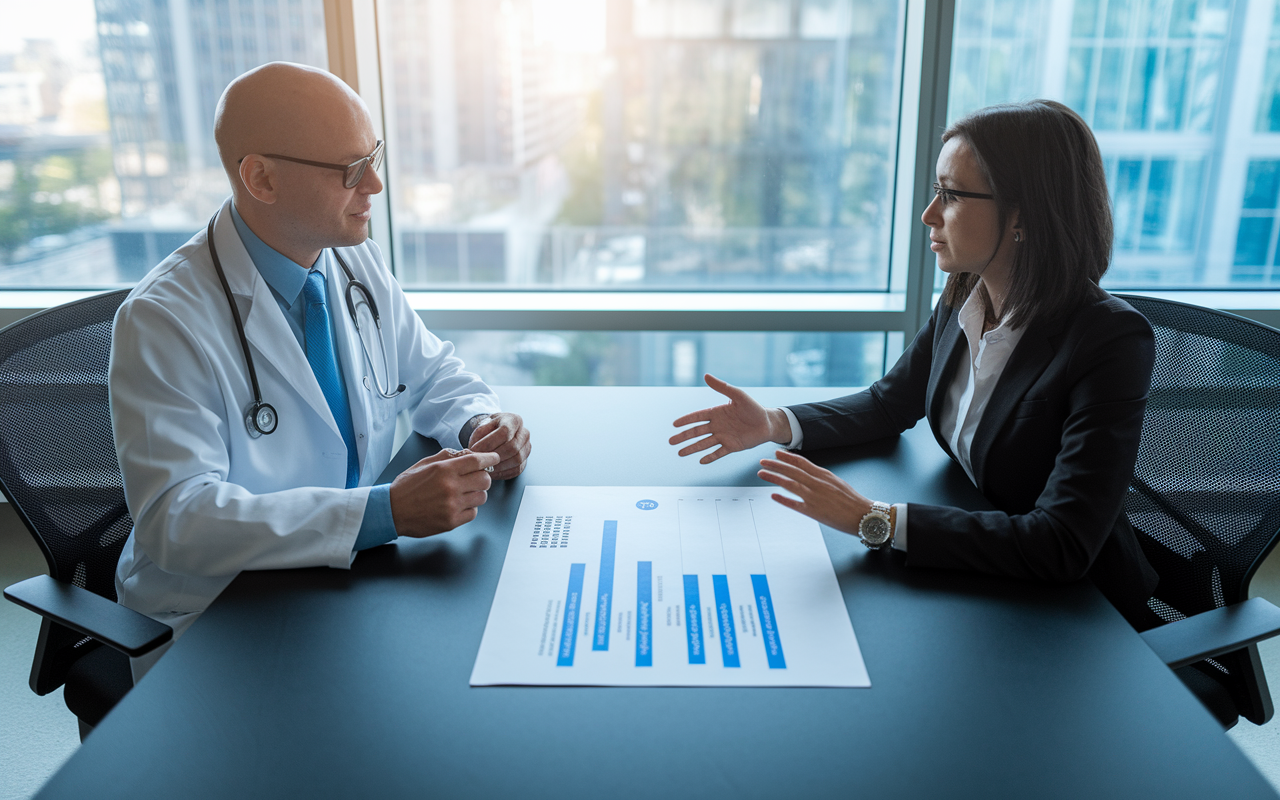 A physician sitting in an office discussing compensation with an HR representative at a sleek, modern table. A visual representation of a salary negotiation contract is on the table, highlighting base salary and bonus potential. Bright overhead lighting creates a professional environment, with both individuals showing engaged expressions during their discussion.