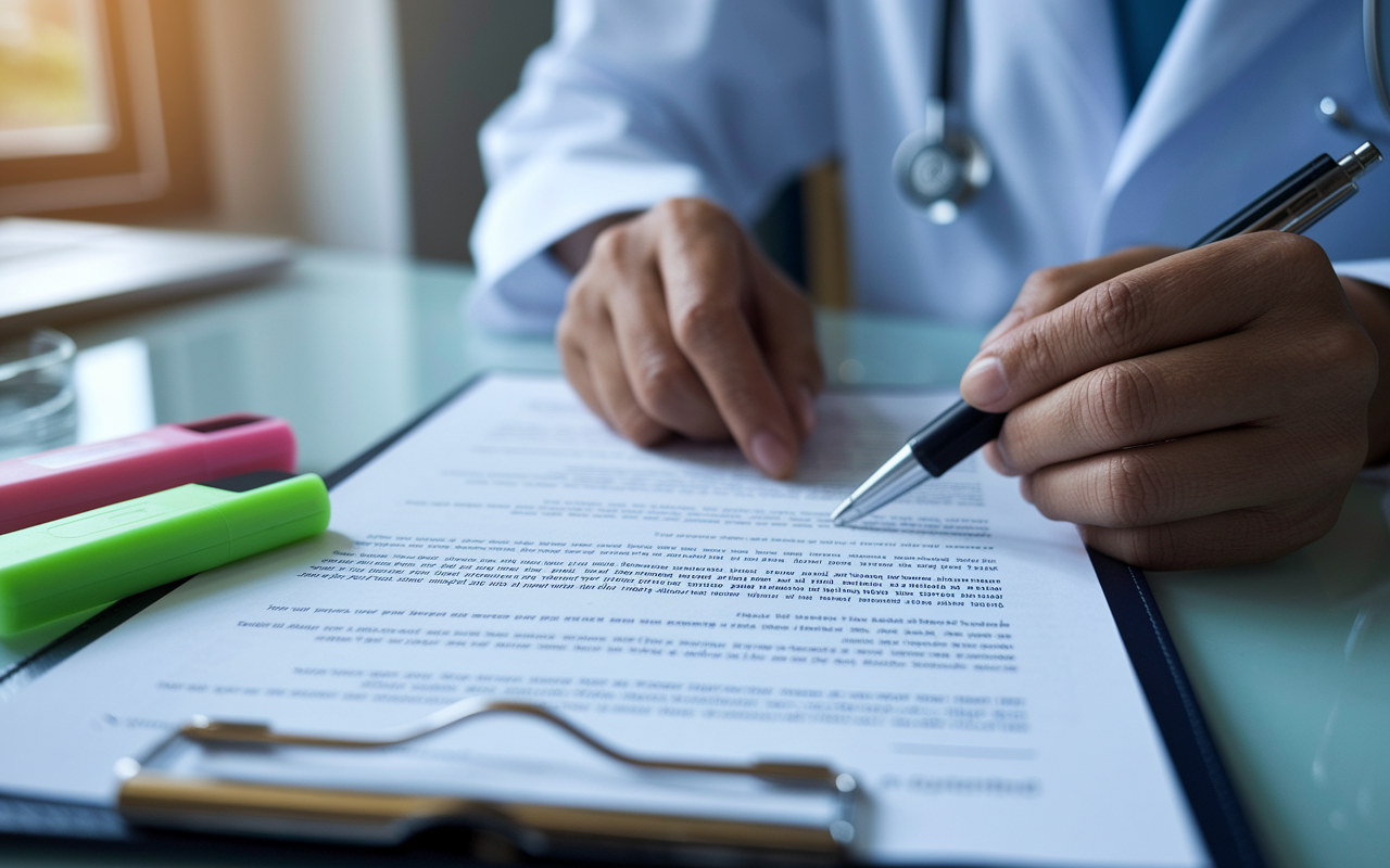 A close-up view of a physician carefully reviewing a contract at their desk, with highlighters and a pen in hand. The document is detailed with highlighted sections outlining salary and benefits. A soft, focused light creates an atmosphere of diligence and attention to detail.