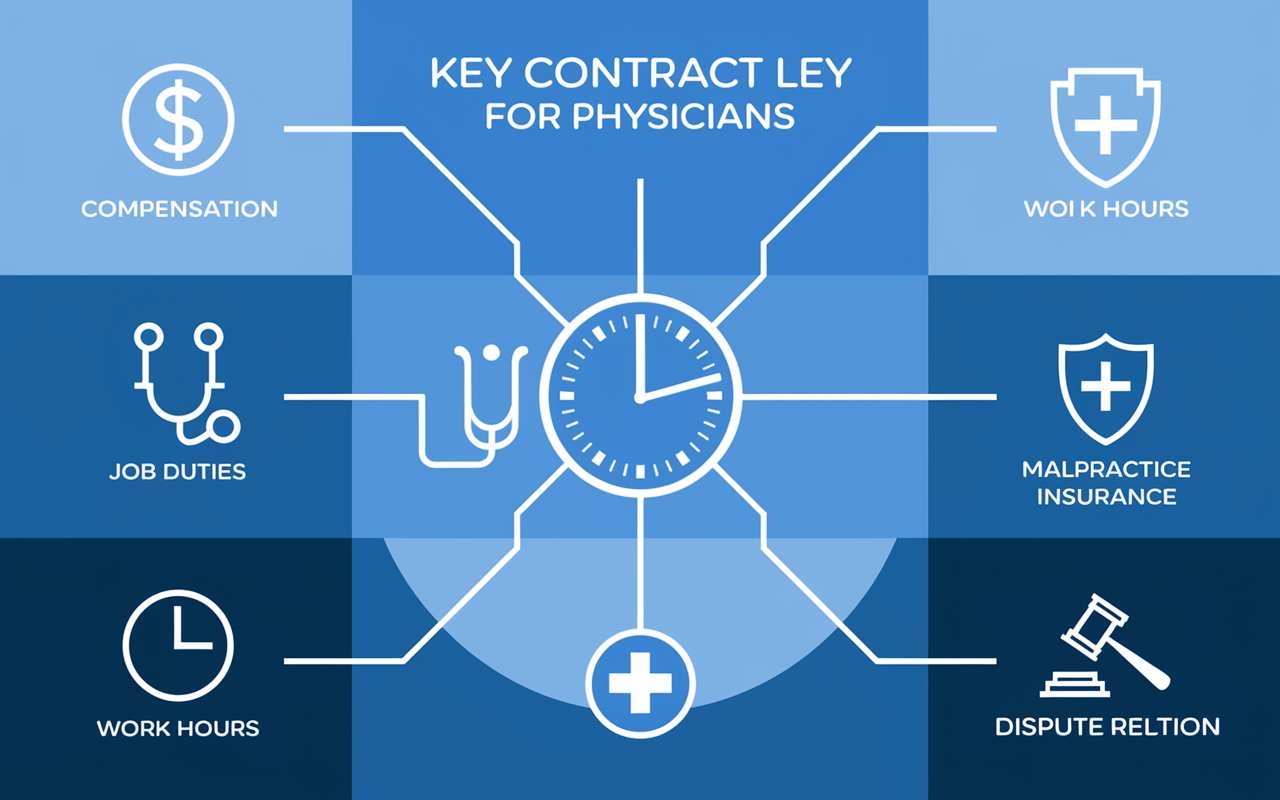 An infographic-style image illustrating key contract clauses relevant for physicians, arranged in a visually appealing way. Each clause is represented by an icon: a dollar sign for compensation, a stethoscope for job duties, a shield for malpractice insurance, a clock for work hours, and a gavel for dispute resolution. The background is a subtle gradient of medical blue with clean, professional fonts. This educational graphic aims to simplify complex information.