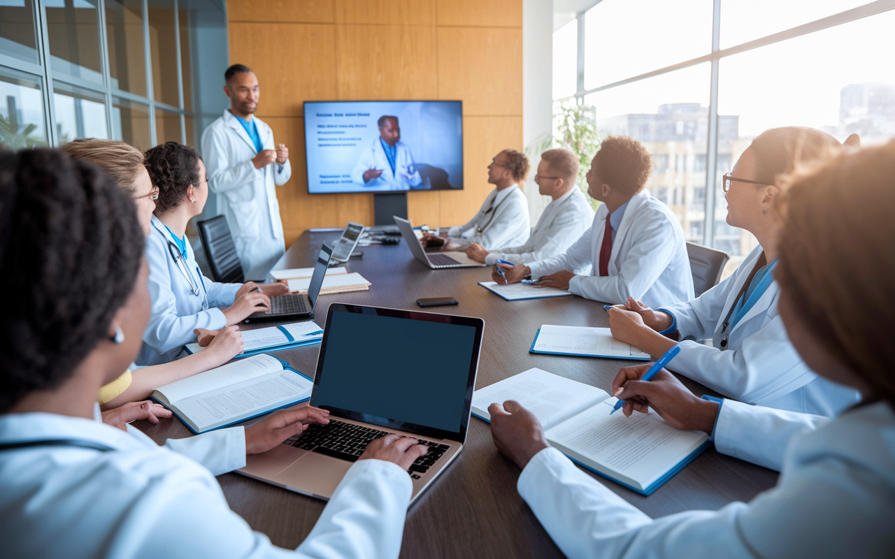 A vibrant scene showing a diverse group of physicians engaged in an educational seminar, seated in a well-lit conference room. The speaker, a knowledgeable physician, is presenting on a large screen. Attendees are taking notes and actively participating, with laptops and medical textbooks open. The environment is filled with enthusiasm, showcasing collaboration and continued learning in medicine. Natural light filters through large windows, adding an inviting ambiance.