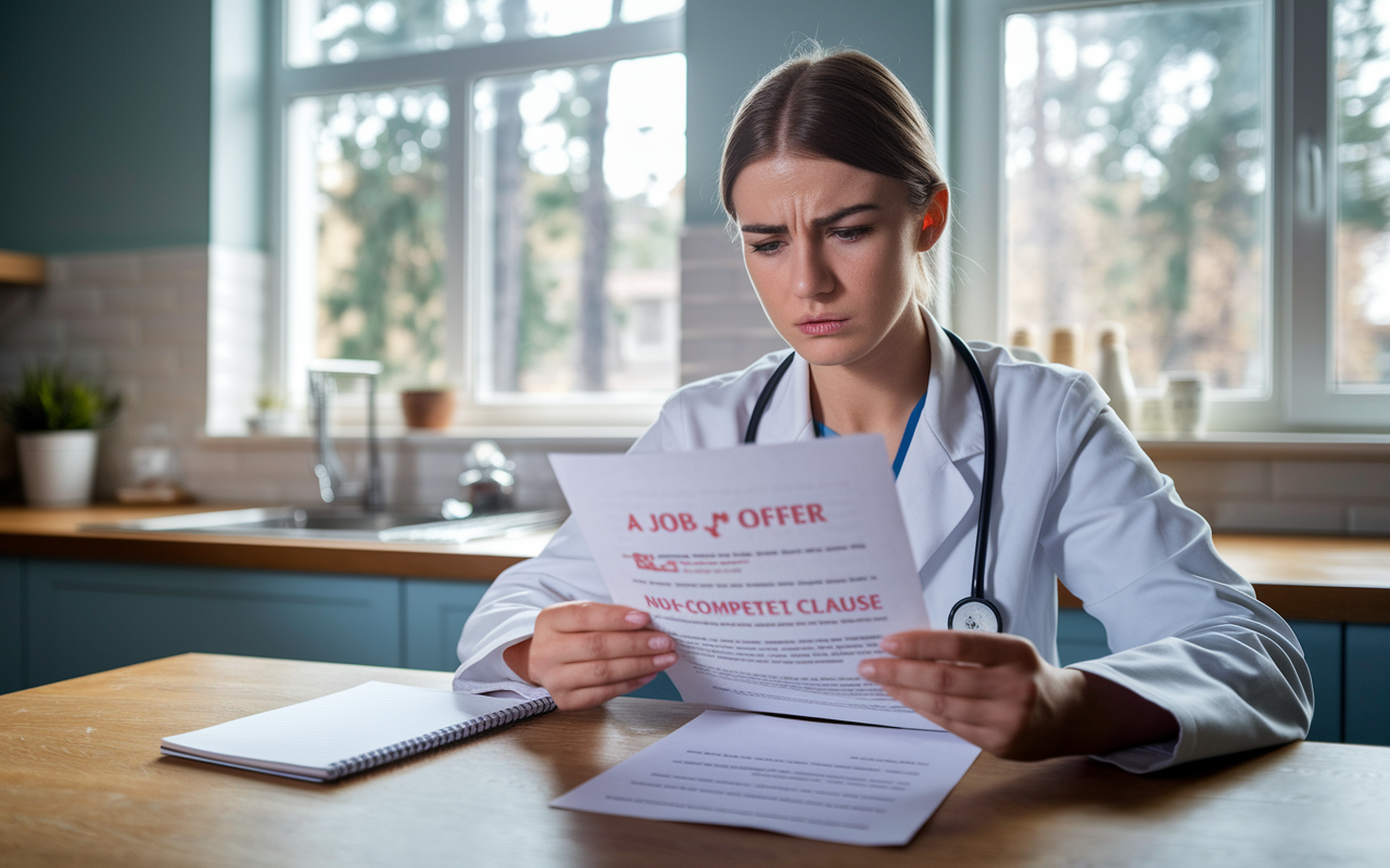 A young female doctor, with a concerned look, is sitting at her kitchen table reviewing a job offer letter with highlighted sections indicating a non-compete clause. The background showcases a cozy home atmosphere with a window offering a view of trees. A notepad with questions for her legal consultant lies beside her, symbolizing the importance of understanding contractual terms. Soft morning light illuminates the space, emphasizing her determination to make an informed decision.